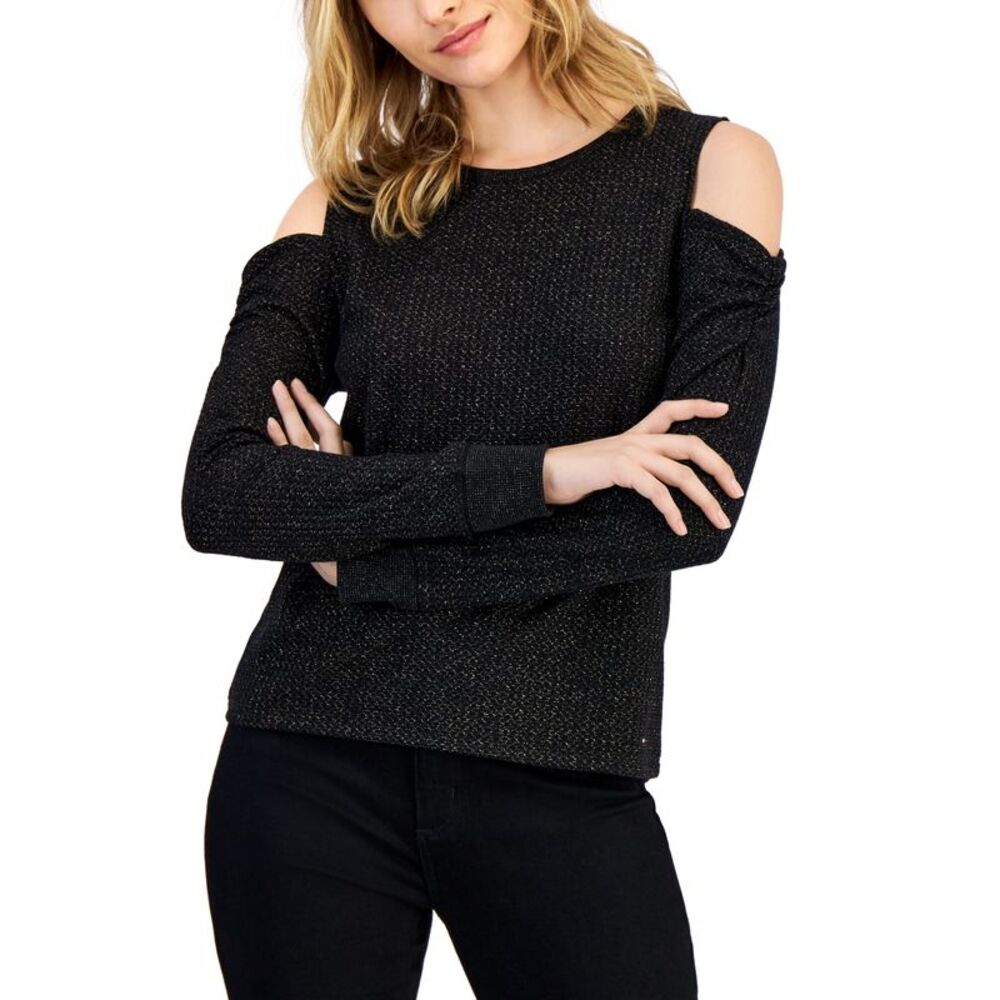 Tommy Hilfiger Womens Metallic Waffled Cold Shoulder Shirt